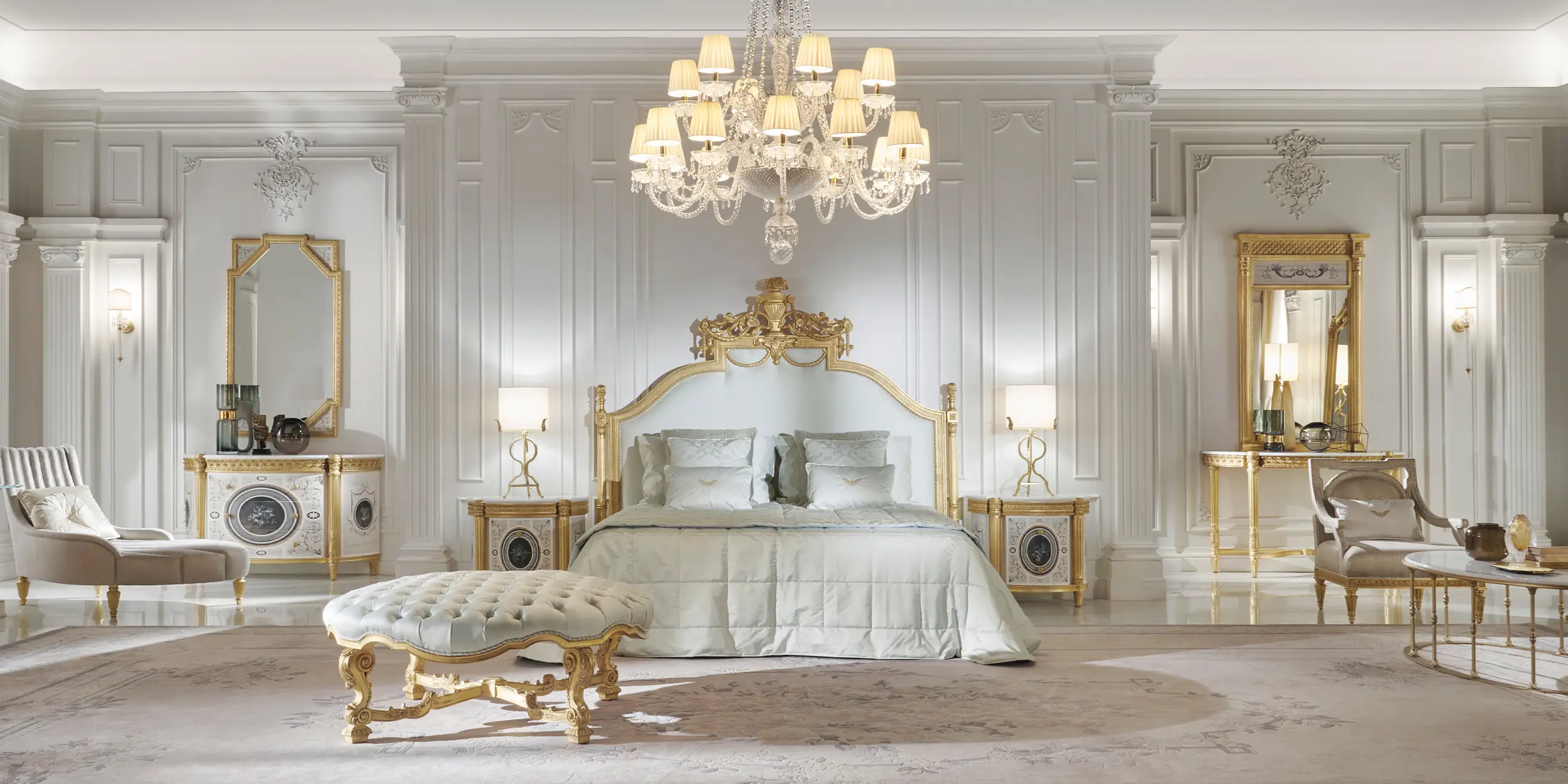 Canopied bed with draped fabric
