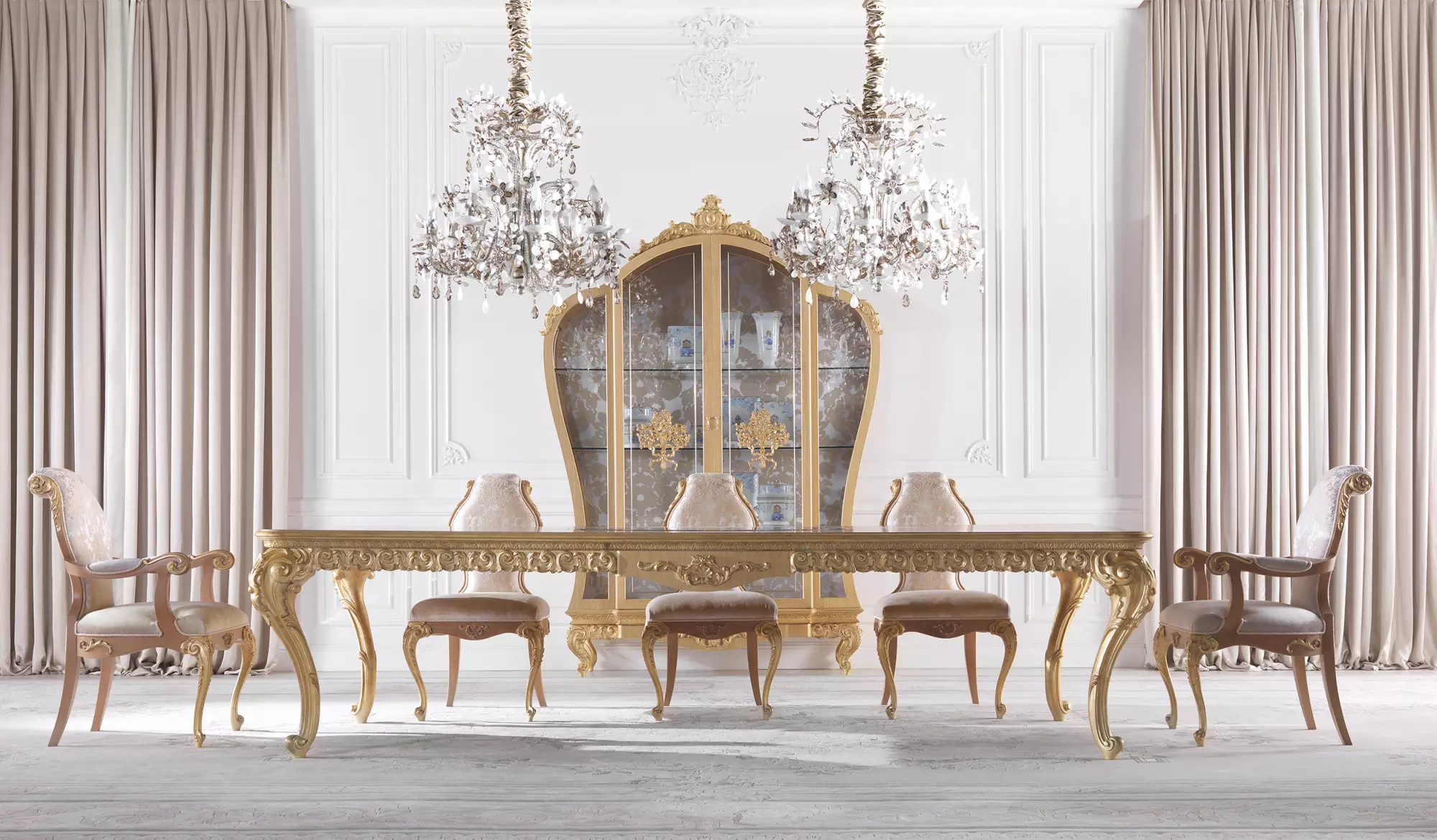 Classical dining room with arches and chandeliers